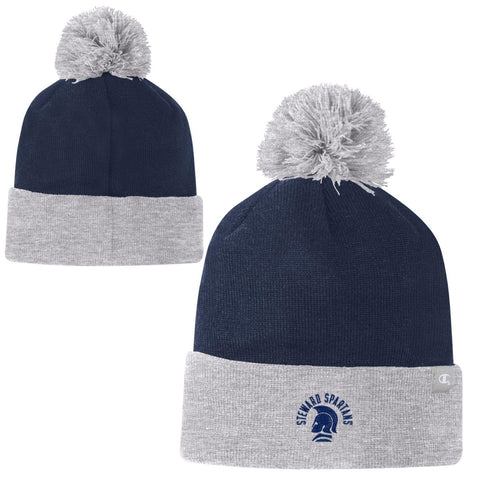 Color Block Pom Beanie in Navy and Silver Grey by Champion